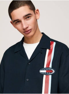 TOMMY JEANS Men's Archive Relaxed Fit Short Sleeve Shirt -  Tencel™, Navy  - Image 3