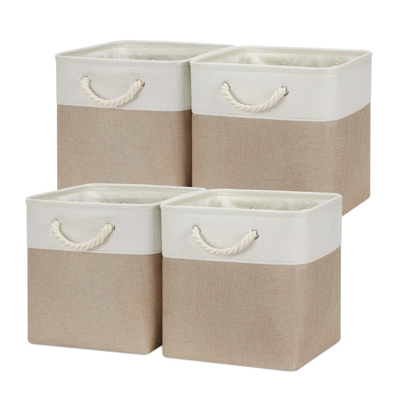 Temary 4 Pack Cube Storage Bins Cloth Baskets for Shelf Fabric Storage Cubes 12 x 12 Baskets Gift Empty Basket with Handles Basket for Storage WhiteKhaki