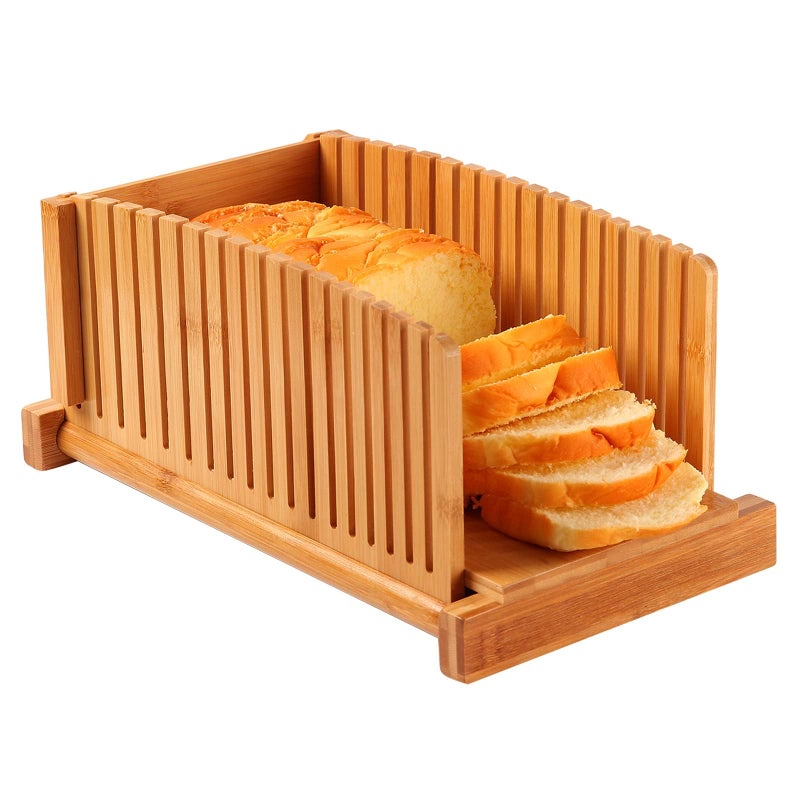 Kiss Core Premium Bamboo Bread Slicer for Homemade Bread, Crumb Catcher, Foldable and Compact Loaf Cutter 3 Size Slicing Guide - Image 1