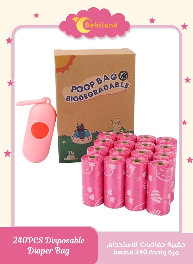 Bebiland 240PCS Baby Diaper Bag Dispenser, Biodegradable Rolls, Disposable Diaper Sacks with Fragrance, Easy-to-Tie Tabs, for Nappies, Pets, Travel (Pink) - Image 1