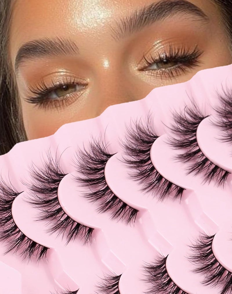 Onlyall False Eyelashes Cat Eye Lashes Volume Fake Lash Wispy Mink Lashes Fluffy Natural Eyelash Thin Cotton Band C Curl Soft Lash Pack 7 Pairs 15mm D35