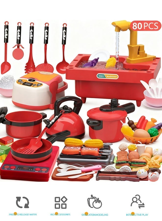 66 Pcs Pretend Kitchen Toy, Realistic  Kitchen Plastic Miniature Play Toy Set,  Kitchen Accessories Toy with Cooking Utensils, Non-toxic Material, Preschool Learning Education Toys for Toddlers, Learning Gift for Girls Boys Kids (Red) ﻿ - Image 1