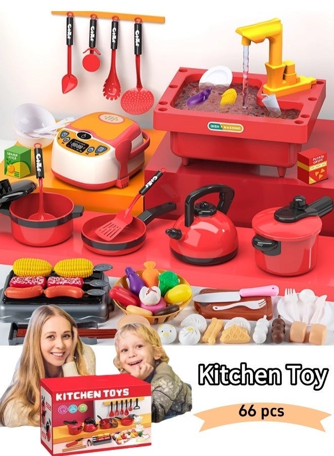 66 Pcs Pretend Kitchen Toy, Realistic  Kitchen Plastic Miniature Play Toy Set,  Kitchen Accessories Toy with Cooking Utensils, Non-toxic Material, Preschool Learning Education Toys for Toddlers, Learning Gift for Girls Boys Kids (Red) ﻿ - Image 3