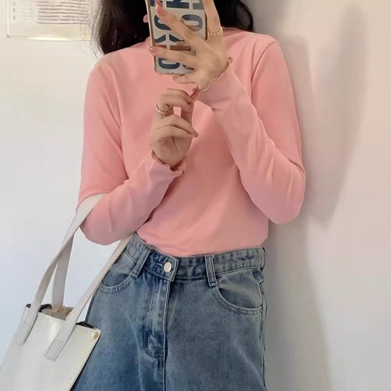 Thickened Double-Sided Fleece Half-High Collar Solid Color Base Shirt Women'S Inner Long Sleeve Shirt For Black Top - Image 4
