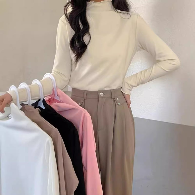 Thickened Double-Sided Fleece Half-High Collar Solid Color Base Shirt Women'S Inner Long Sleeve Shirt For Black Top - Image 3