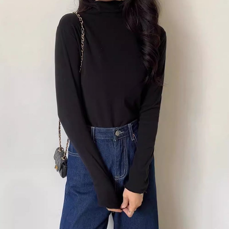 Thickened Double-Sided Fleece Half-High Collar Solid Color Base Shirt Women'S Inner Long Sleeve Shirt For Black Top - Image 1