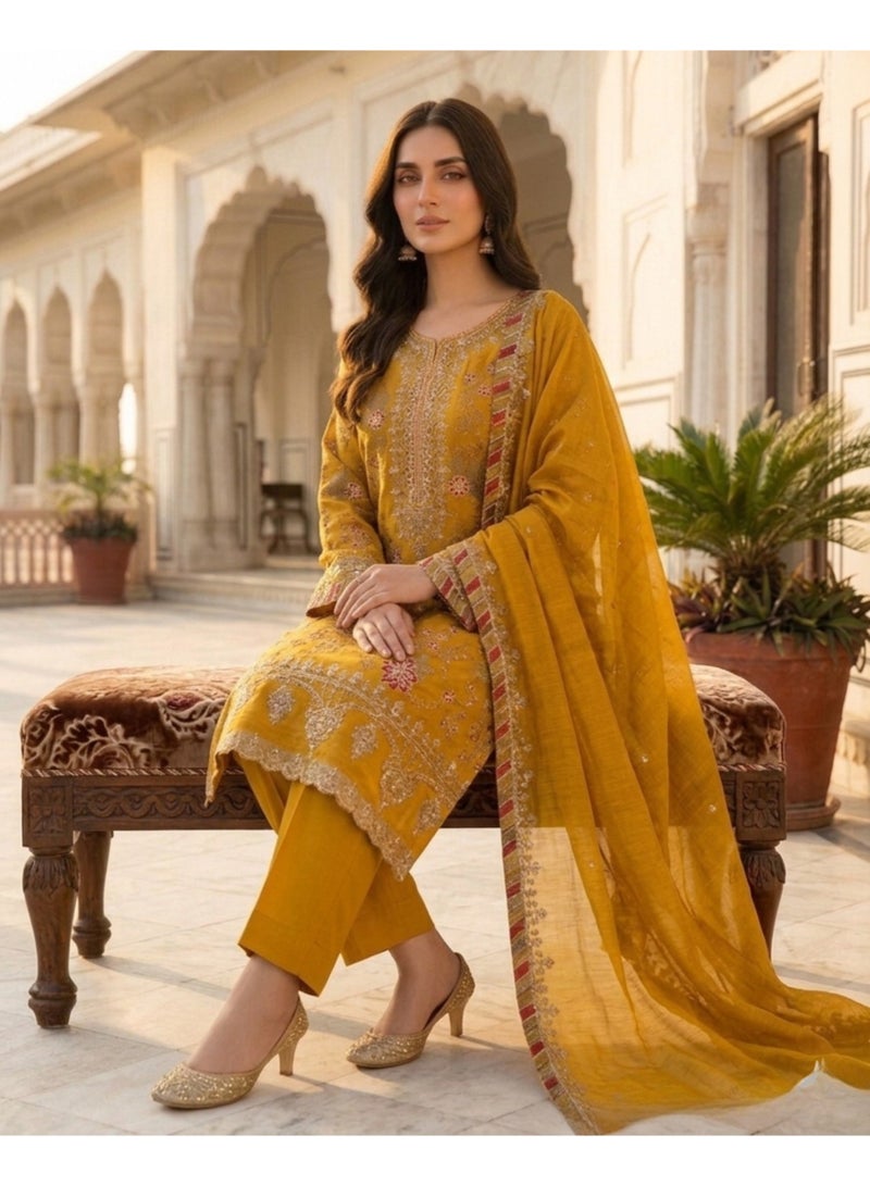 ANAITA yellow Silk Semi Stitched Suit with Embroidery & Sequence Work - Image 3