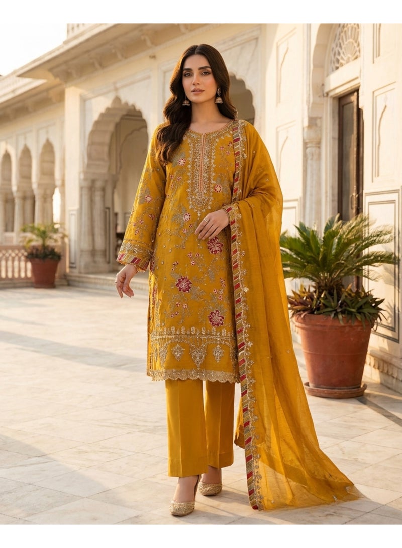 ANAITA yellow Silk Semi Stitched Suit with Embroidery & Sequence Work - Image 1