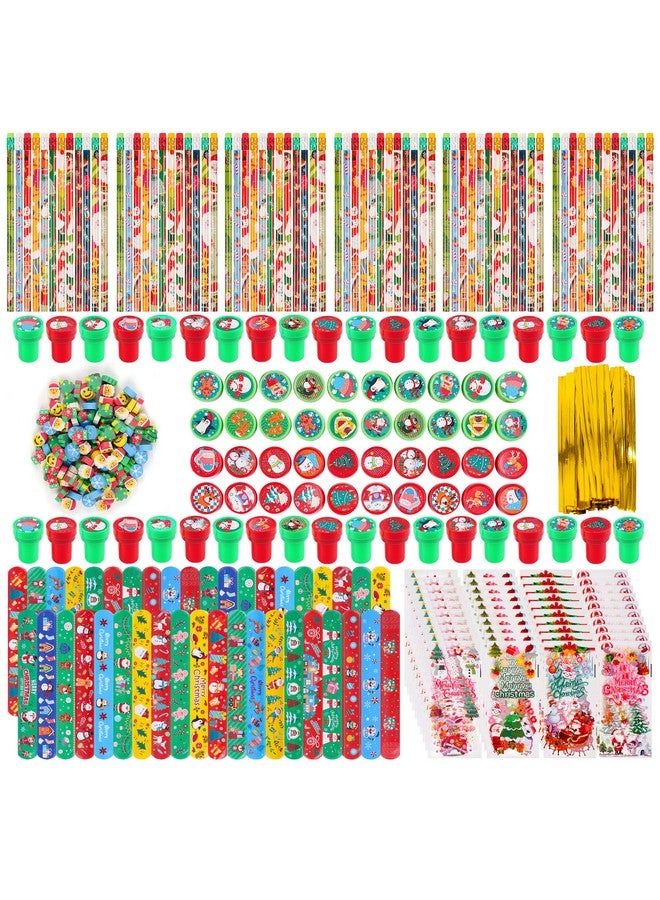Kolewo4ever 360 Pieces Christmas Stationery Party Favors Bulk: Christmas Pencil Eraser Slap Bracelets Stamps Treat Bags For Kids Classroom Gift Exchange School Games Prizes Reward Prizes Carnival Events - Image 1