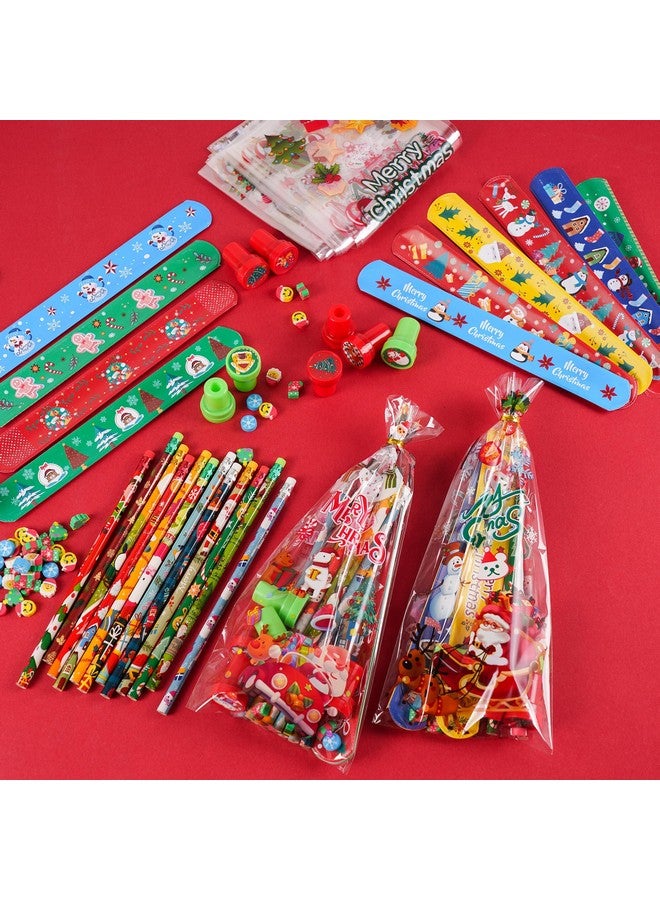 Kolewo4ever 360 Pieces Christmas Stationery Party Favors Bulk: Christmas Pencil Eraser Slap Bracelets Stamps Treat Bags For Kids Classroom Gift Exchange School Games Prizes Reward Prizes Carnival Events - Image 2