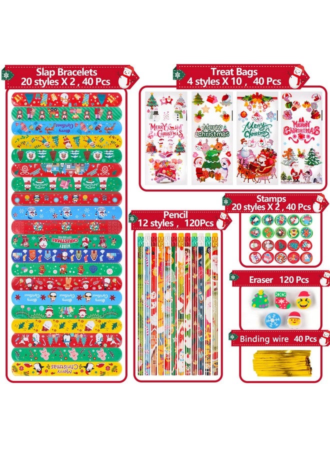 Kolewo4ever 360 Pieces Christmas Stationery Party Favors Bulk: Christmas Pencil Eraser Slap Bracelets Stamps Treat Bags For Kids Classroom Gift Exchange School Games Prizes Reward Prizes Carnival Events - Image 4