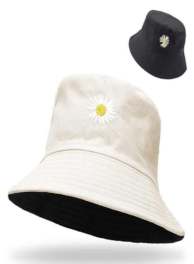 Missby Cotton ® Unisex Flower Embroidery Reversible Bucket Hat Fishing Summer Travel Beach Sun Hat (White), Free Size - Image 1