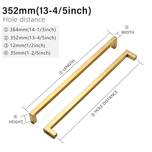 Redunest Cabinet Pulls Gold Cabinet Handles Square Drawer Pulls, 10 Pack 13-4/5 Inch Stainless Steel Kitchen Door Cupboard Cabinet Handles, Drawer Hardware Handles, 352mm Hole Centers - Image 2