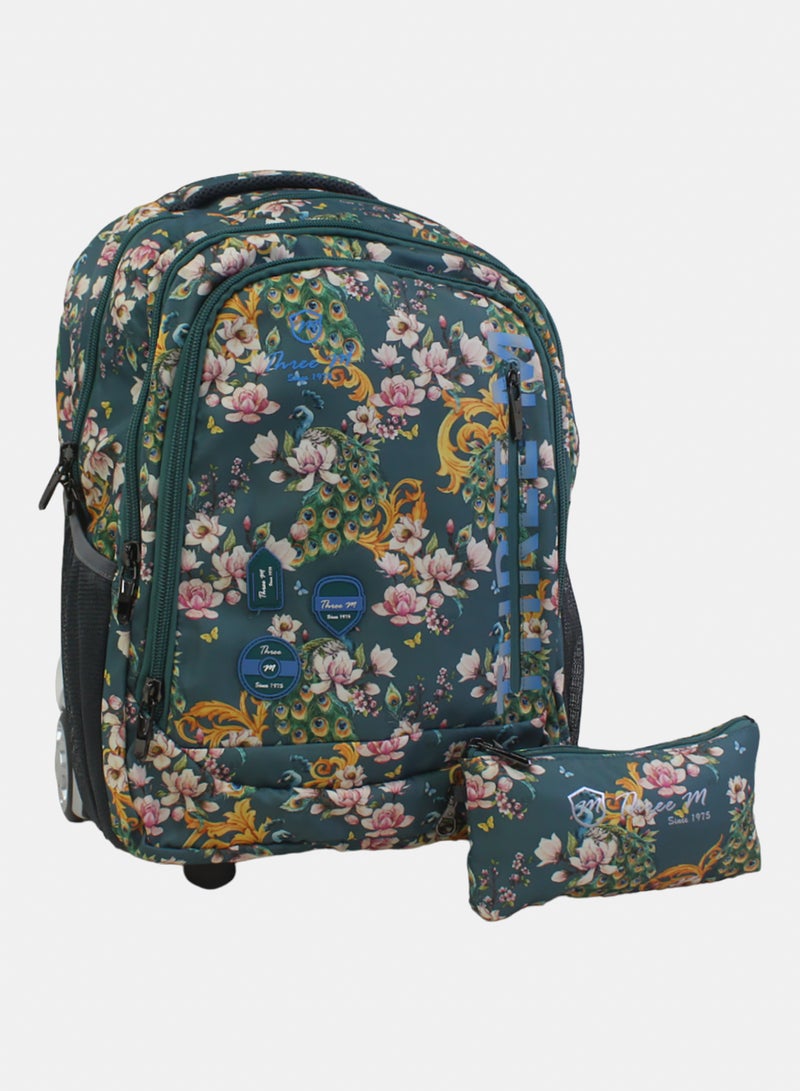 3M Floral Trolley School Bag with Pencil Case – Olive & Pink - Image 1
