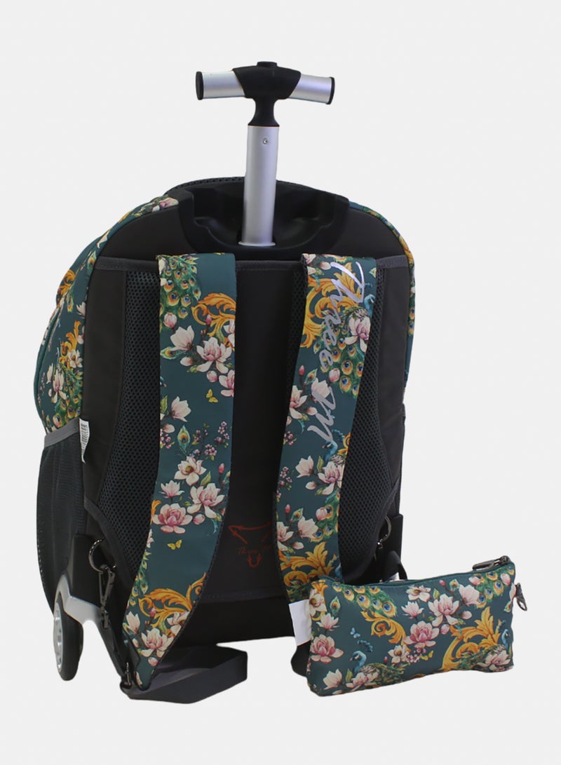 3M Floral Trolley School Bag with Pencil Case – Olive & Pink - Image 2