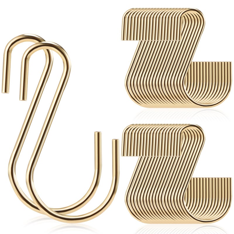 Sratte 60 Pcs S Hooks for Hanging 18 Inch Heavy Duty S Hooks Bulk Curtain Hanging Connectors Mini S Shaped Hangers Ornament for Plants Pots Pans Mugs DIY Jewelry Gold - Image 2