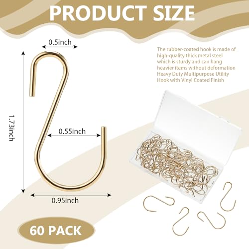 Sratte 60 Pcs S Hooks for Hanging 18 Inch Heavy Duty S Hooks Bulk Curtain Hanging Connectors Mini S Shaped Hangers Ornament for Plants Pots Pans Mugs DIY Jewelry Gold - Image 3