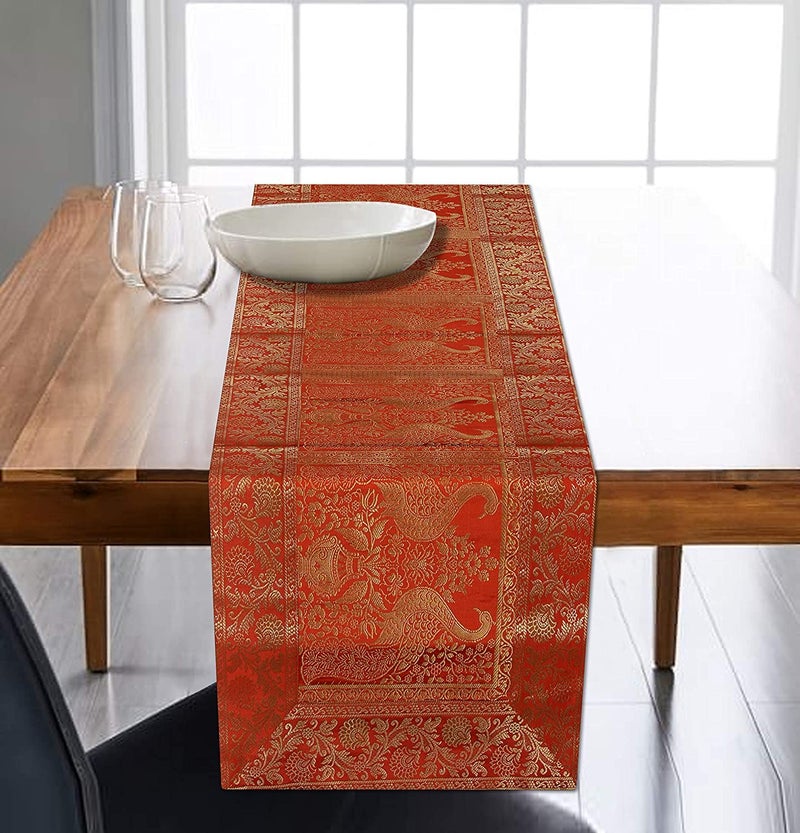 E - Ezra E EZRA Red Table Runner Room Decor Silk Brocade Jacquard Long Runner Table Cloth 4 6 Seater Dinning Table 16 Inches X 60 Inches - Image 2