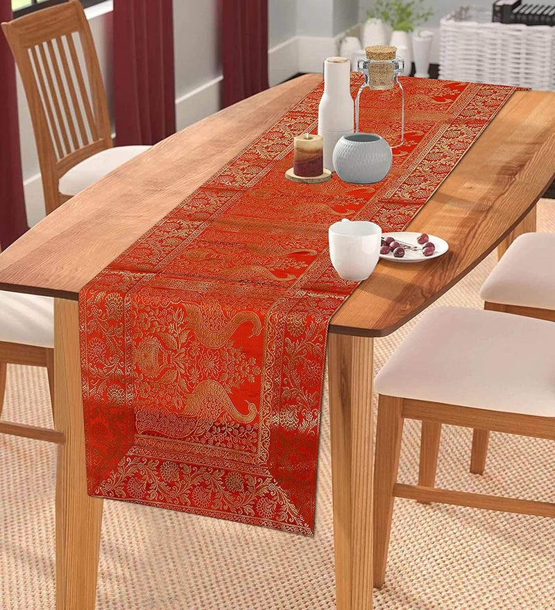 E - Ezra E EZRA Red Table Runner Room Decor Silk Brocade Jacquard Long Runner Table Cloth 4 6 Seater Dinning Table 16 Inches X 60 Inches - Image 1
