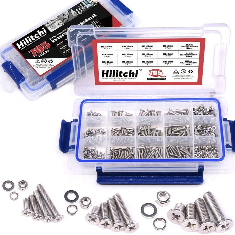 Hilitchi 705Pcs M3 M4 M5 Phillips Flat Head Machine Screws Bolts Nuts Flat and Lock Washers Assortment Kit 304 Stainless Steel 8 to 20mm Length Full Thread