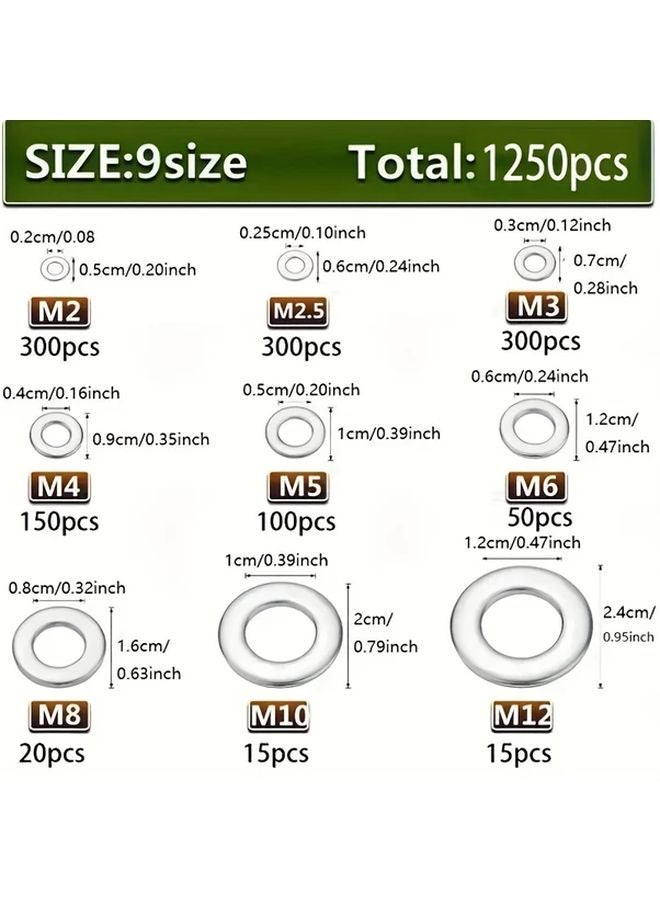 1250pcs Stainless Steel Flat Washers Assortment Kit M2 M2 5 M3 M4 M5 M6 M8 M10 M12 For Home Factory Repair - Image 3