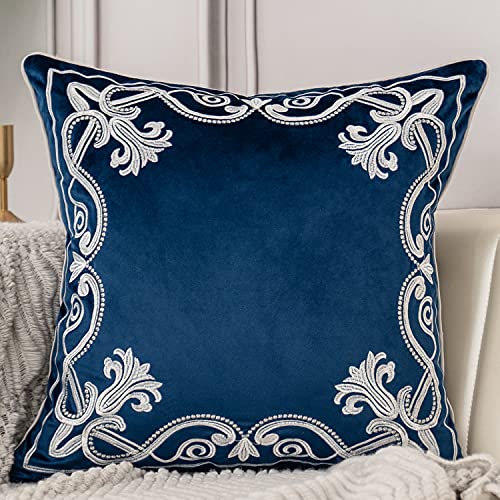 Aeckself European Floral Pillow Cover 16x16 Inch Luxury Velvet Embroidered Decorative Throw Pillow Cover for Couch Bedroom Living Room Navy Blue and White