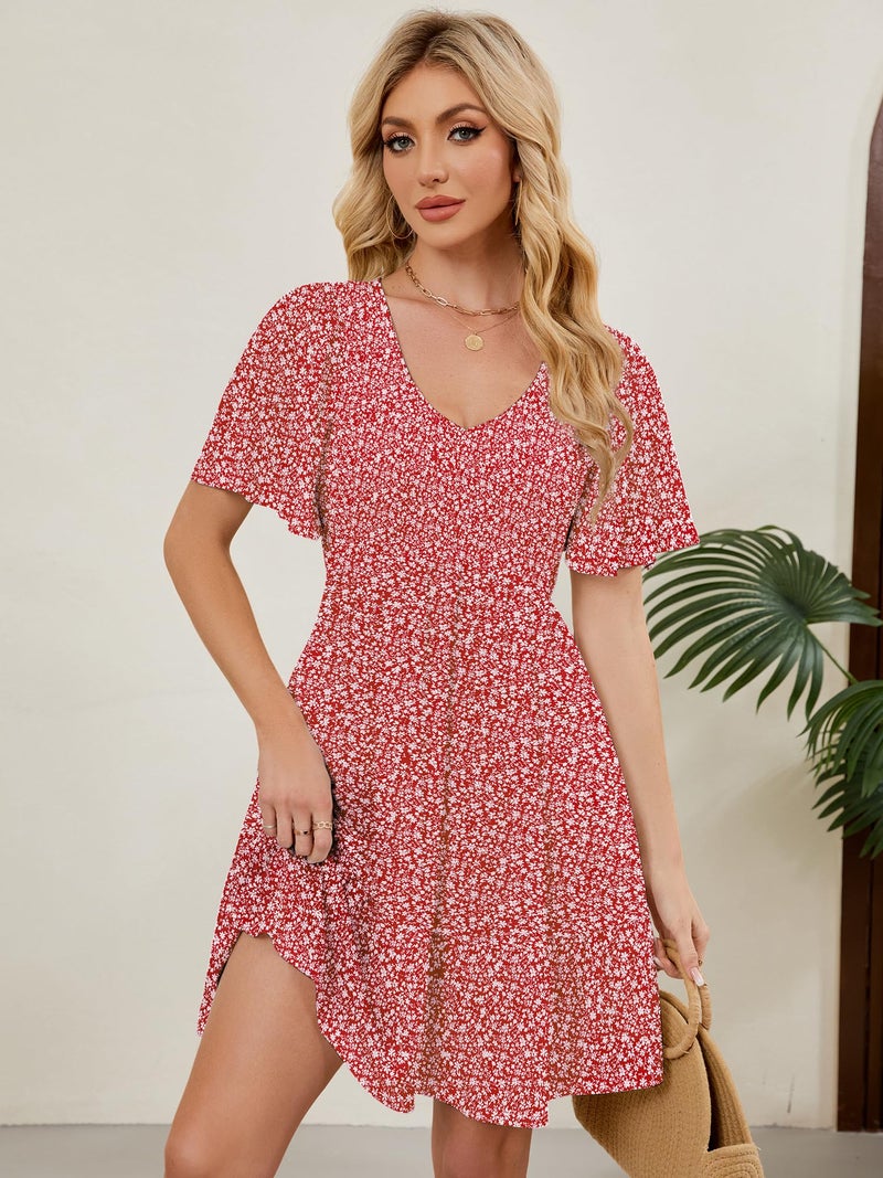 UEAL Summer Dresses for Women 2026 Fit and Flare Smocked Spring Sun Dress for Women Medium Burgundy Floral - Image 3
