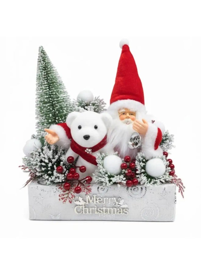 تمثال سانتا كلوز لتزيين عيد الميلاد مع دب أبيض جالس في صندوق - متعدد الألوان