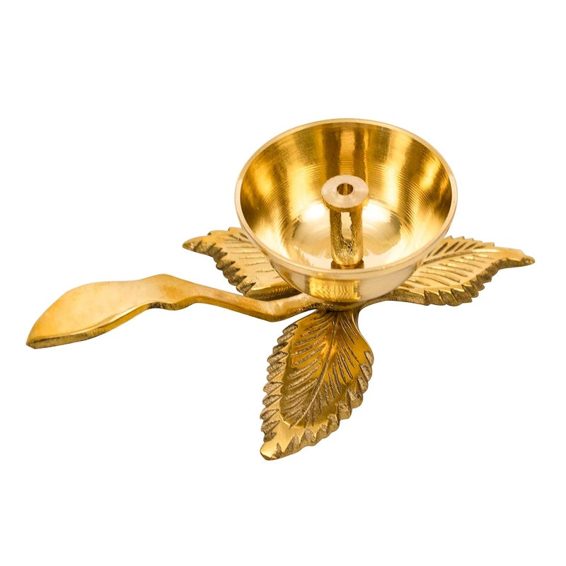 Spillbox Traditional Brass Diya for Puja Pooja Aarti Arti Deepak Deepam Oil Lamp for Home Temple Puja Articles Decor Gifts Leaf Shape Diya with Handle 3 Leaf Nandha Deep