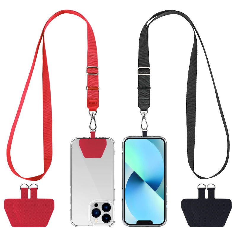 CACOE Phone Lanyard 2 Pcs Adjustable Neck Strap,4 Pcs Patches,Universal Crossbody Multifuctional Patch Polyester Cell Phone Lanyards Compatible with Most Smartphones(Black+Red) - Image 1