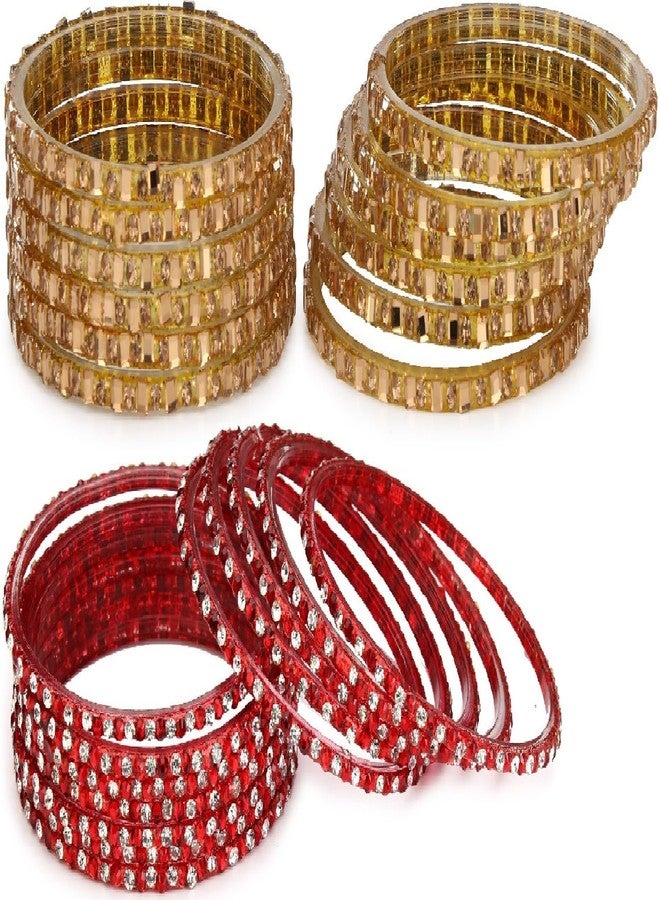 1st Time Combo Of Party & Wedding Colorful Bangle/Kada Set, Glass, Gold And Red, Pack Of 24 -AJV1 - Image 1