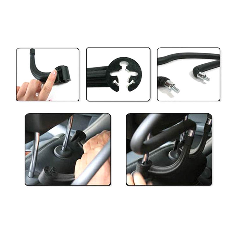 Car Seat Hanger Black Sturdy Metal Plastic Construction - Easy No-tool Install Car Clothes Hanger for Travelers With Headrest-bar Equipped Vehicles - Image 2
