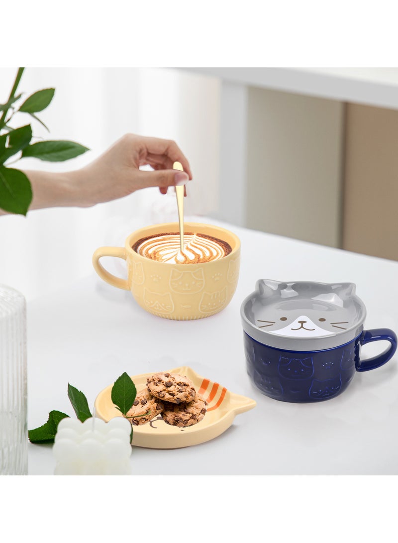 Cute Ceramic Cat Mug with Lid, 300ml Coffee Cup for Cat Lovers, Exquisite Relief Pattern, Snack Plate Lid  - Image 4