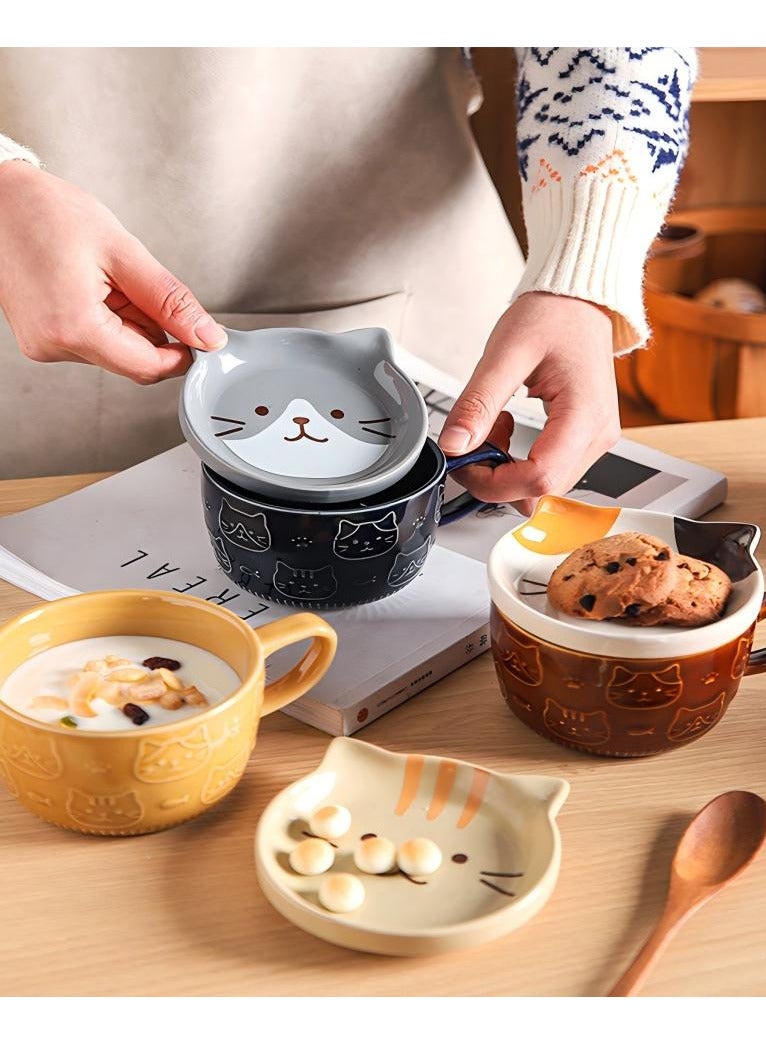 Cute Ceramic Cat Mug with Lid, 300ml Coffee Cup for Cat Lovers, Exquisite Relief Pattern, Snack Plate Lid  - Image 5