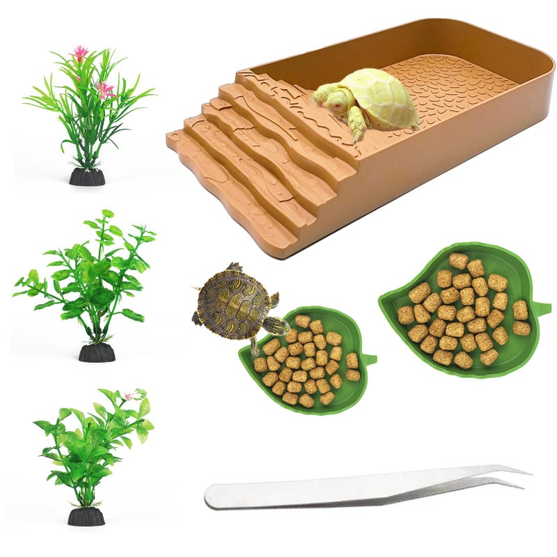 JWIZYOTR 3 PCS Reptile Water Dish with Climbing Ramp, Leaf Reptile Water Bowl, Amphibians Habitat Yellow Tortoise Water Dish for Turtle, Gecko, Snake, Bearded Dragon, Lizard - Image 1