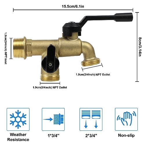 CNYGO Outdoor Double Taps Water Faucet, Wall Mounted Garden Two 3/4 inch Brass Ball Valves Water Tap Splitter, Frost-Proof Outside Spigot Replacement with 2 Outlets for Home, Balcony, Hose Connector - Image 2
