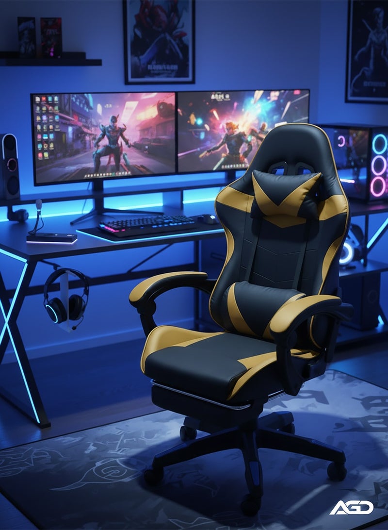 AGD Office and Gaming Chair with Armrests and Footrest, Swivel Chair with High Reclining Back, Headrest, Backrest, and Lumbar Support Black/gold - Image 2
