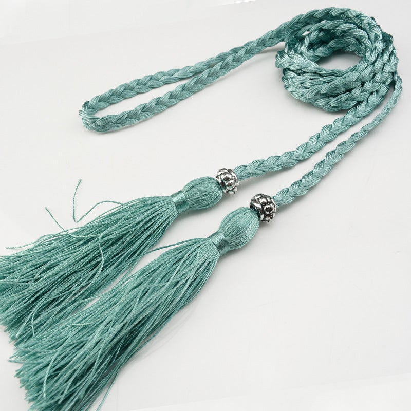 Braided Tassel Belt Ladies Skinny Butterfly Knot Cyan 