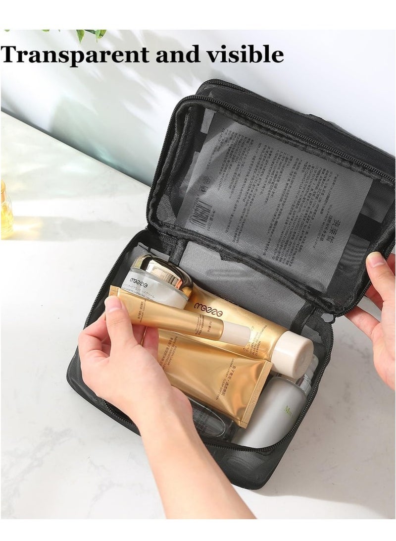 حكمة بيوتي حقيبة مكياج مزدوجة الطبقات للسفر، حقيبة مستحضرات تجميل شبكية، حقيبة أدوات تواليت كبيرة للنساء، منظم حقيبة المكياج مع مقبض (أسود) - Image 5