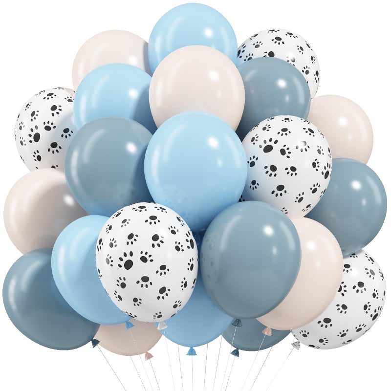 Paeyeq Dog Paw Balloons, 12 Inch Retro Dusty Slate Blue Pastel Muted Blue Sand White Helium Latex Balloon Paw Print Party Balloons for Kids Boys Girls Puppy Theme Birthday Baby Boy Shower Party Decorations - Image 1