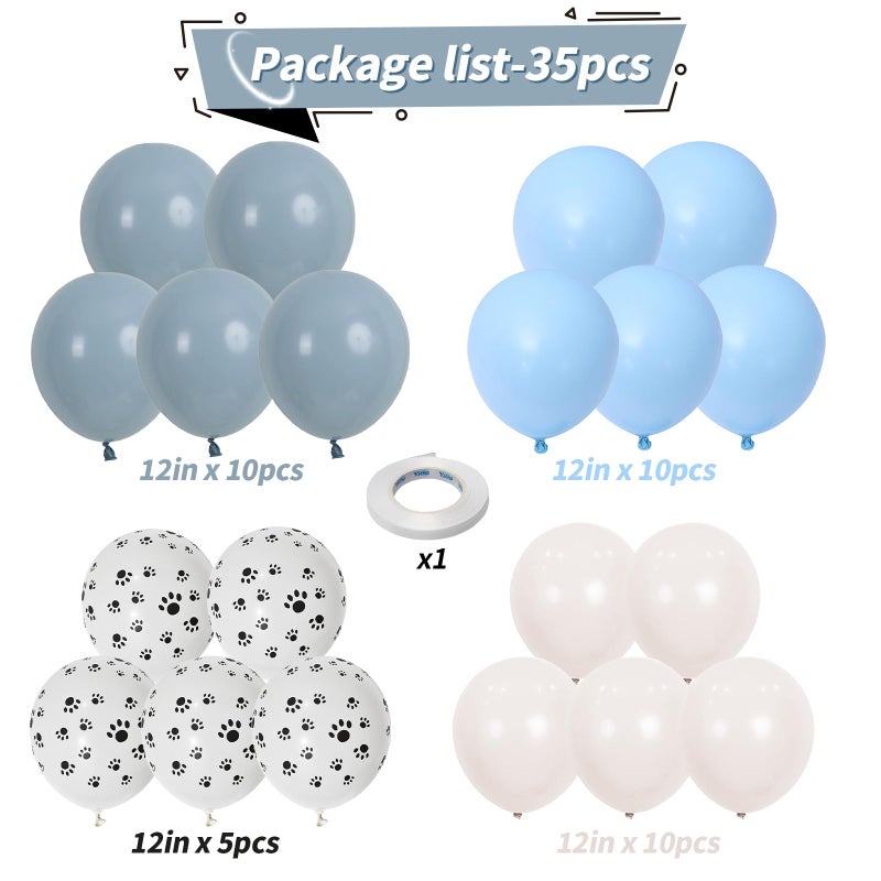 Paeyeq Dog Paw Balloons, 12 Inch Retro Dusty Slate Blue Pastel Muted Blue Sand White Helium Latex Balloon Paw Print Party Balloons for Kids Boys Girls Puppy Theme Birthday Baby Boy Shower Party Decorations - Image 2