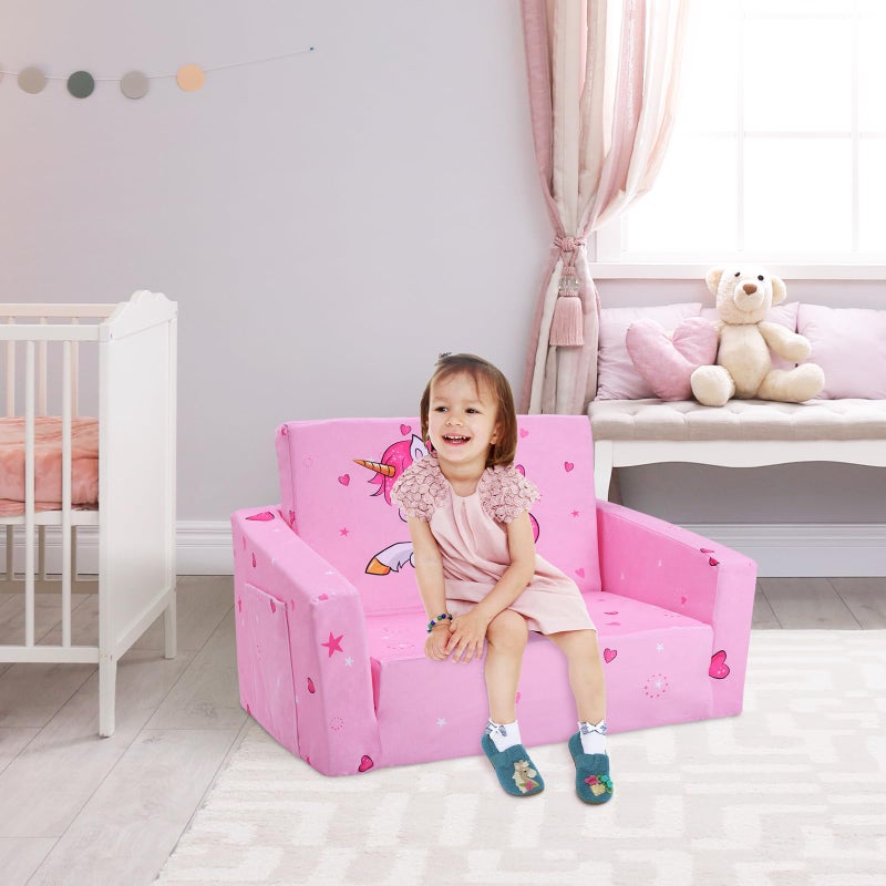 decalsweet Kids Couch Foldable Kids Sofa 2 in 1 Children Convertible Sofas to Lounger Fold Out Toddlers Sofa Bed for Playroom Bedroom Living Rooms Boys and Girls - Image 2