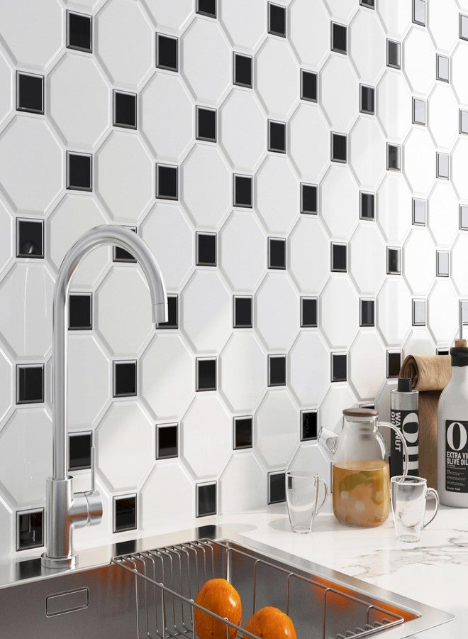 FunStick 15 Pcs White Peel and Stick Backsplash for Kitchen Waterproof 12"x12" Black Square Hexagon Stick on Back Splash Tiles for Kitchen Backsplash Tile Peel and Stick Wall Tiles for Bathroom Shower - Image 1