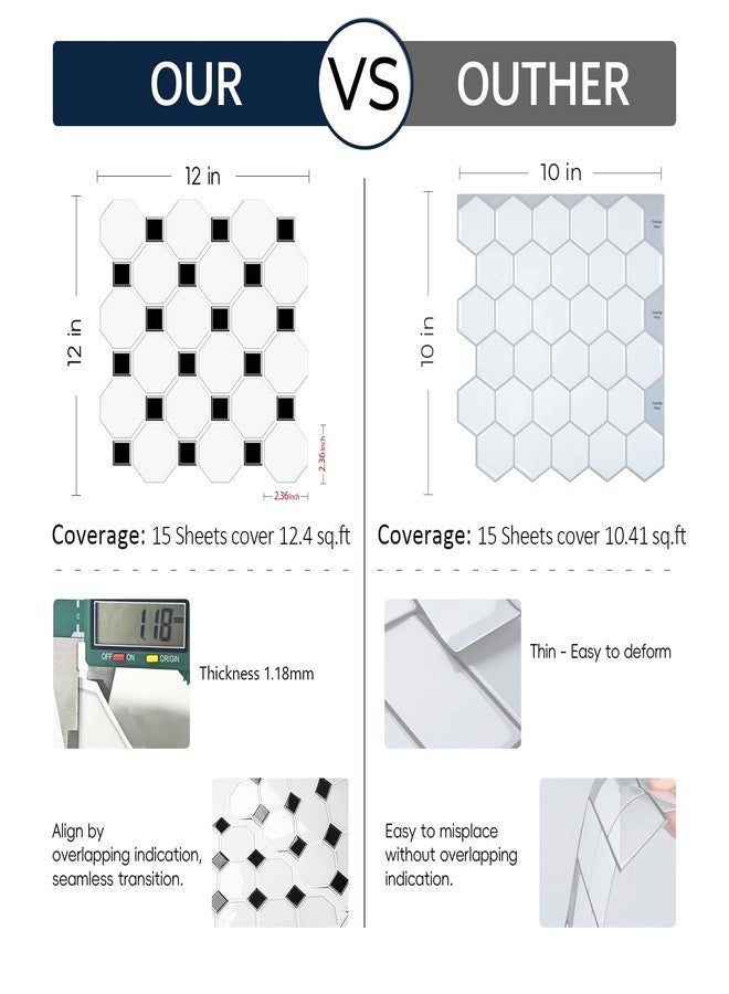 FunStick 15 Pcs White Peel and Stick Backsplash for Kitchen Waterproof 12"x12" Black Square Hexagon Stick on Back Splash Tiles for Kitchen Backsplash Tile Peel and Stick Wall Tiles for Bathroom Shower - Image 5