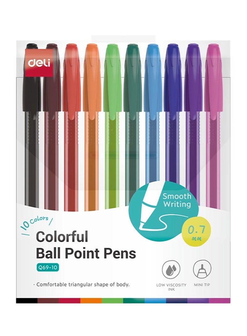 Deli 10-Piece Colorful Ballpoint Pens 0.7mm Tip Multicolour