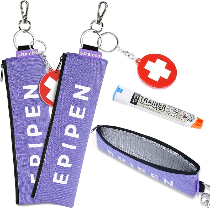 suzamed حقيبة حمل EpiPen محمولة، حقيبة طبية طارئة معزولة للحفاظ على فعالية الدواء، تناسب حاقن EpiPen واحد، جهاز استنشاق الربو، Auvi-Q، أدوية الحساسية، حامل EpiPen للسفر للبالغين أو الأطفال (قطعتان أرجواني) - Image 1