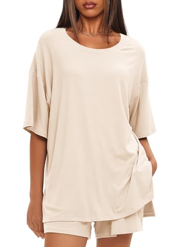 Darong Women Fashion Lounge Sets Summer Outfits T-Shirt Top and Shorts Set 2 Piece Matching Tracksuit 9121 Beige M - Image 2