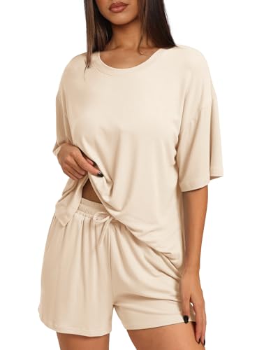 Darong Women Fashion Lounge Sets Summer Outfits T-Shirt Top and Shorts Set 2 Piece Matching Tracksuit 9121 Beige M - Image 3