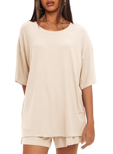 Darong Women Fashion Lounge Sets Summer Outfits T-Shirt Top and Shorts Set 2 Piece Matching Tracksuit 9121 Beige M - Image 5