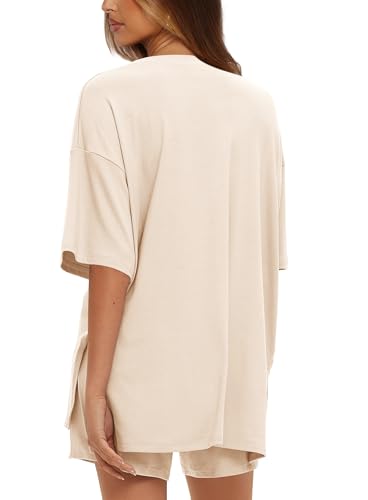 Darong Women Fashion Lounge Sets Summer Outfits T-Shirt Top and Shorts Set 2 Piece Matching Tracksuit 9121 Beige M - Image 4